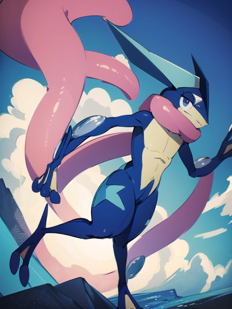 (masterpiece, best quality:1.2),solo,greninja \(pokemon\),pokemon \(creature\),full body,no humans,outstretched arms, long tongue, blue skin,looking at viewer,blue sky