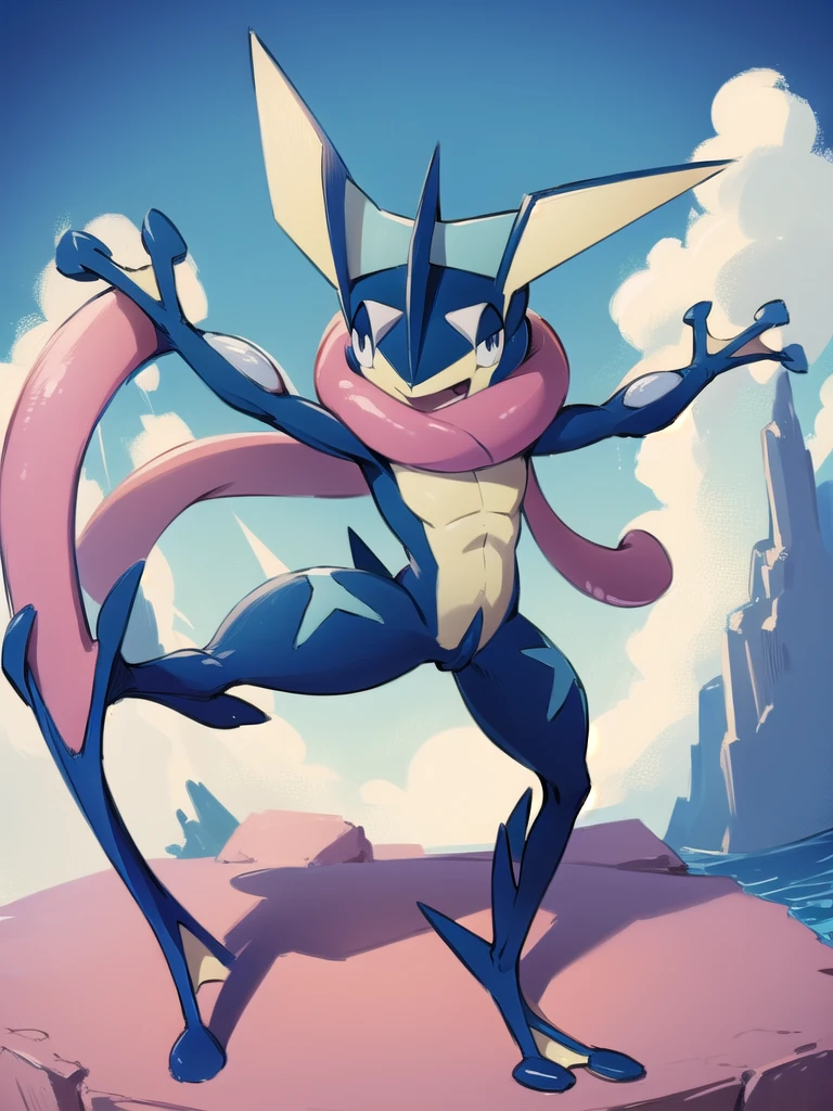 (masterpiece, best quality:1.2),solo,greninja \(pokemon\),pokemon \(creature\),full body,no humans,outstretched arms, long tongue, blue skin,looking at viewer,blue sky