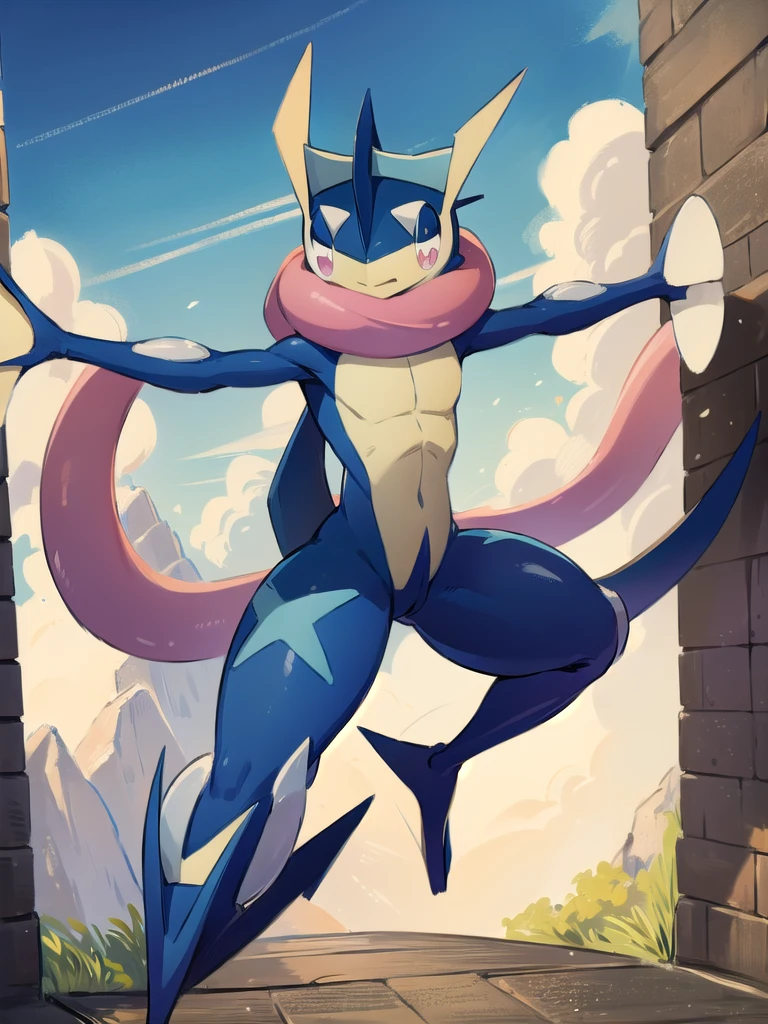 (masterpiece, best quality:1.2),solo,greninja \(pokemon\),pokemon \(creature\),full body,no humans,outstretched arms, long tongue, blue skin,looking at viewer,blue sky