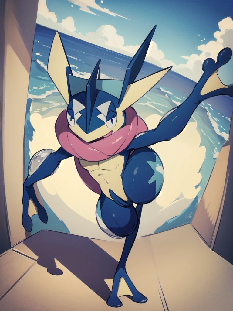(masterpiece, best quality:1.2),solo,greninja \(pokemon\),pokemon \(creature\),full body,no humans,outstretched arms, long tongue, blue skin,looking at viewer,blue sky