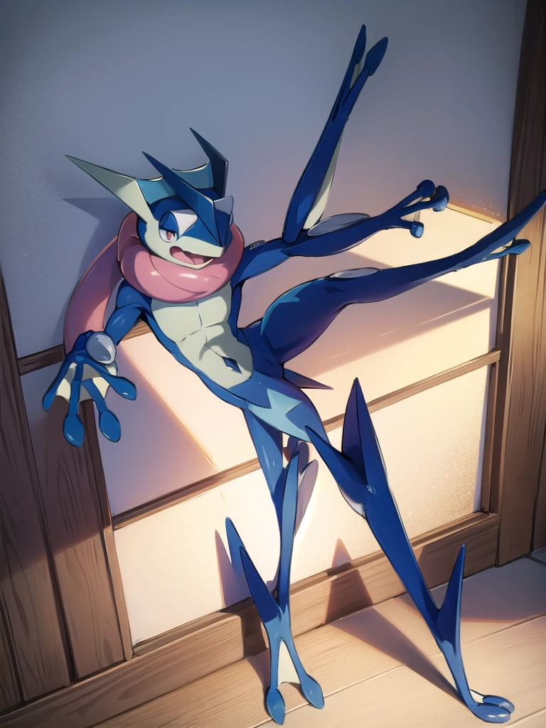 (masterpiece, best quality:1.2),solo,greninja \(pokemon\),pokemon \(creature\),full body,no humans,outstretched arms, long tongue, blue skin,looking at viewer,blue sky