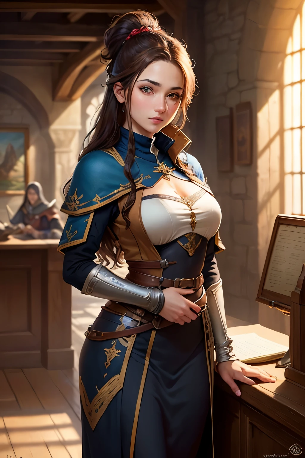 ((best qualityer)), ((work of art)), (detailded), 1 receptionist from an old guild ,medieval fantasy RPG , clear lighting, detailed shadows