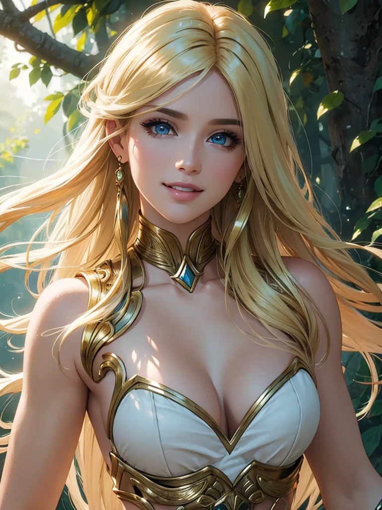 (Best quality,ultra detailed,Photorealistic:1.37),bright and rich colors,studio lighting,playful facial expression,stylish makeup,Long blonde hair fluttering in the wind,inviting eyes,glossy lips,sexy pose, Amazons, Themyscira, I smile confidently and seductively,posing for a professional photo shoot,shallow depth of field,highlighting the main subject,soft natural light,Creating a dreamy and magical atmosphere.