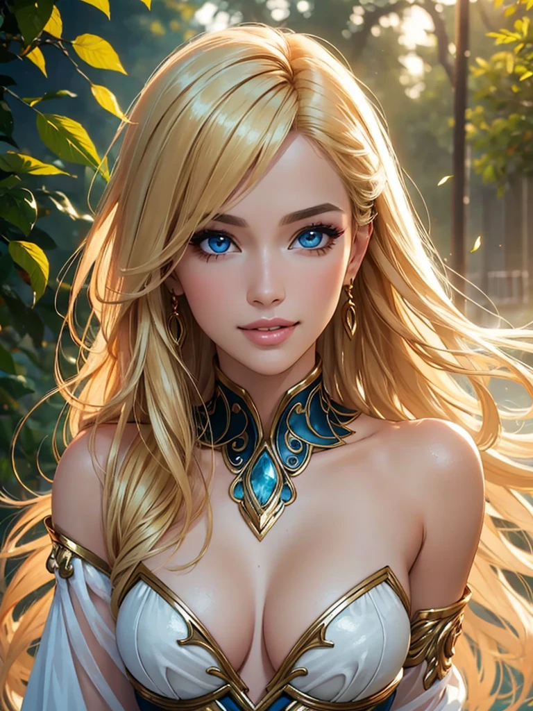 (Best quality,ultra detailed,Photorealistic:1.37),bright and rich colors,studio lighting,playful facial expression,stylish makeup,Long blonde hair fluttering in the wind,inviting eyes,glossy lips,sexy pose, Amazons, Themyscira, I smile confidently and seductively,posing for a professional photo shoot,shallow depth of field,highlighting the main subject,soft natural light,Creating a dreamy and magical atmosphere.