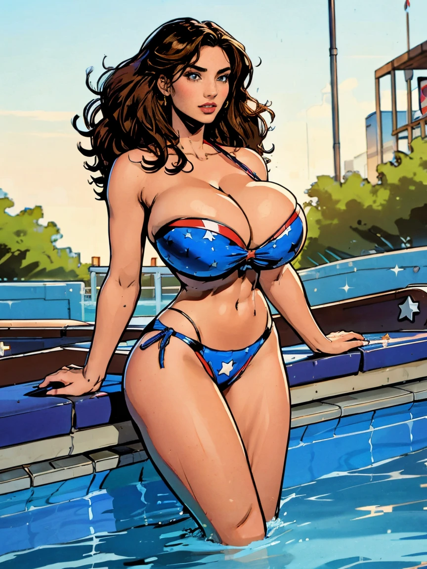 Gorgeous and sultry busty athletic (thin) brunette with sharp facial features and a (big hair) and (gigantic breasts, long legs) wearing a star-spangled bikini, Americana, swimming pool.