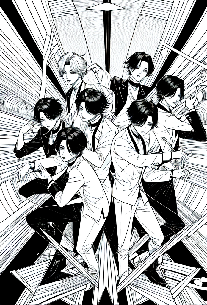 imagina poster da boy band TBS, Dynamite music, black andwhite, with oriental singers, tonalidades black andwhite, BTS (Bangtan Boys (BTS)) 'Dynamite', backfraund fundo imagem black andwhite