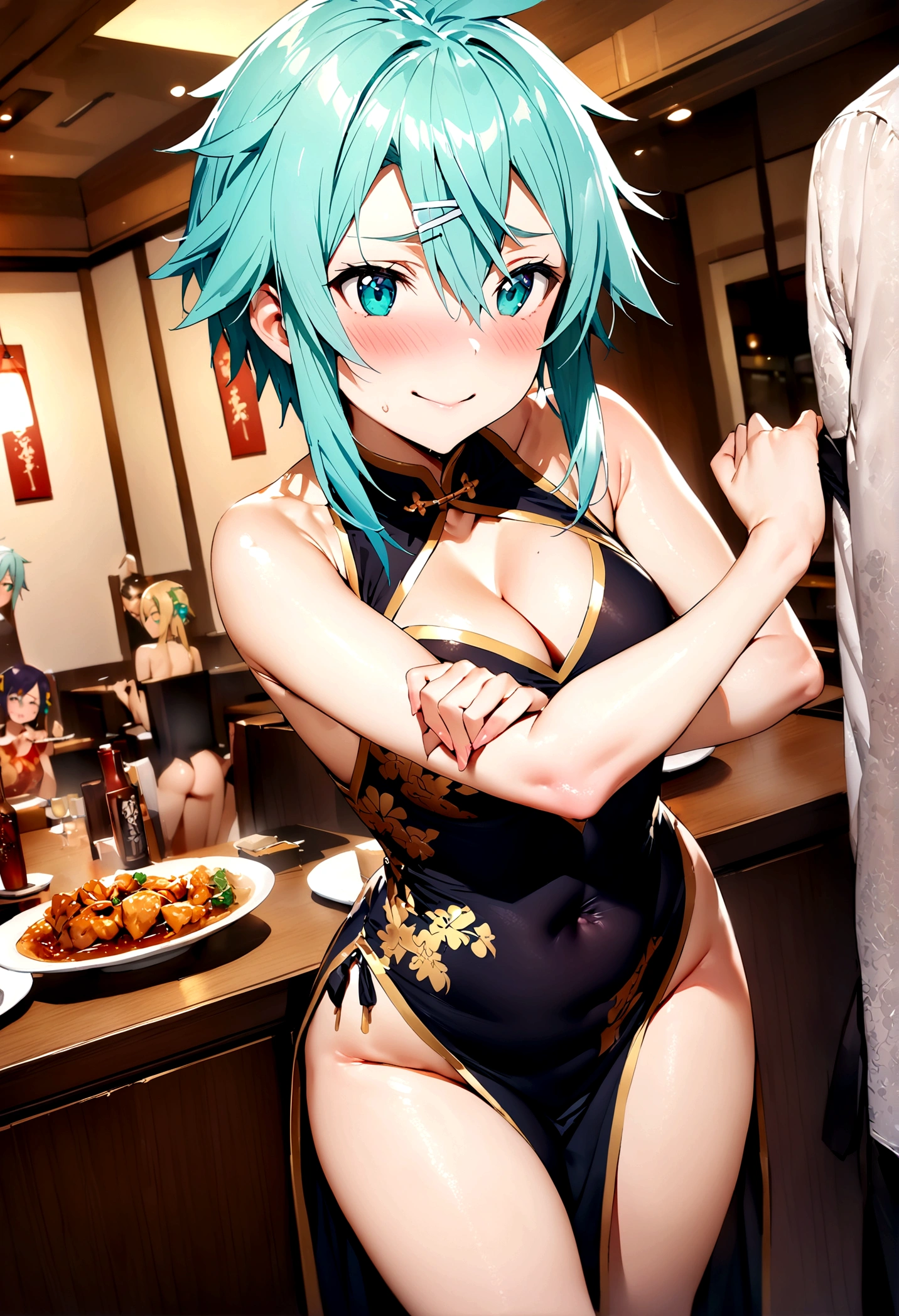 NSFW,masterpiece,Highest quality,High resolution,Super detailed,Sinon\(Sword Art Online\),(China dress),Bare shoulders,Cleavage, hair ornaments, Hair Clip,Embarrassed,expectant face,smile,blush,Chinese restaurant,Reception,Sexy pose