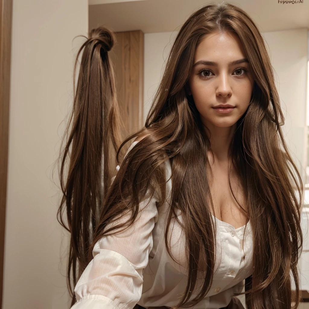 ((best quality)), (detailed), visage parfait (()), ((hyperrealism)) ,. Brown Hair with Light Brown Roots. brown-hair, Hair with brown roots, extra long hair, Very long hair, Very long hair, guapo, front view , hair falling on breasts, 4K , close view teacher outfit
