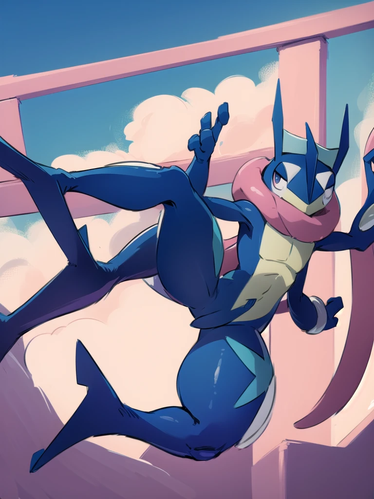 (masterpiece, best quality:1.2),solo,greninja \(pokemon\),pokemon \(creature\),full body,no humans,outstretched arms, long tongue, blue skin,looking at viewer,blue sky