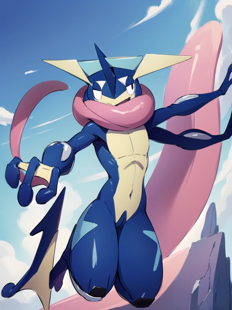 (masterpiece, best quality:1.2),solo,greninja \(pokemon\),pokemon \(creature\),full body,no humans,outstretched arms, long tongue, blue skin,looking at viewer,blue sky