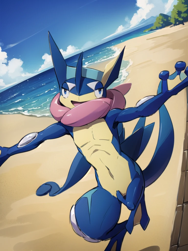 (masterpiece, best quality:1.2),solo,greninja \(pokemon\),pokemon \(creature\),full body,no humans,outstretched arms, long tongue, blue skin,looking at viewer,blue sky