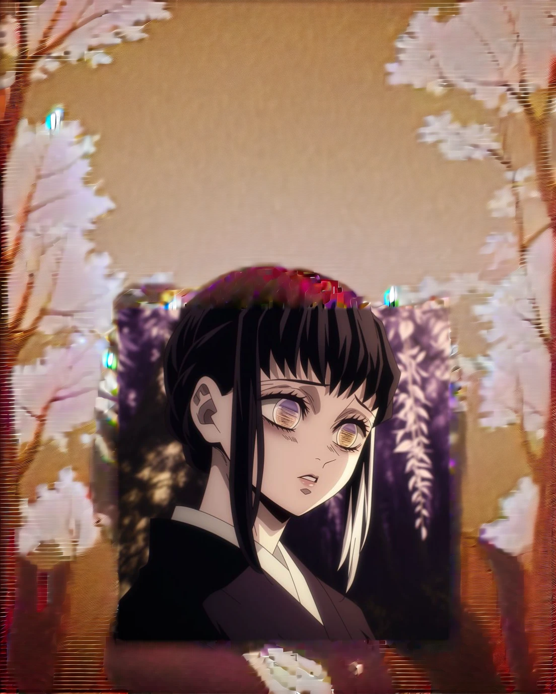 anime girl with long black hair and purple eyes in front of a tree, a picture inspired by Kusumi Morikage, tumblr, shin hanga, albedo from the anime overlord, today's featured anime still, hinata hyuga, junji ito 4 k, style of junji ito, anime visual of a young woman