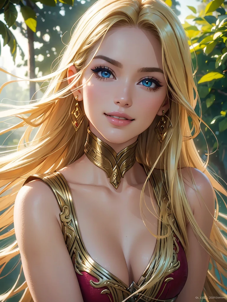 (8K, RAW, professional, best quality, masterpiece:1.2), (realistic,photorealistic:1.37), ultra-detailed, (highest detailed skin:1.2), (highest detailed face:1.2), cinematic lighting, 1girl, ((golden blonde hair)), long hair, ((purple eyes)), glossy lips, full lips, pink lipgloss, young woman, pose, particle, wind, flower, upper body, simple background, looking at viewer, long curly windblown blonde hair, galaxy, backlit, rimlight, beautiful artwork, perfect composition, d cup breasts, comfy clothes