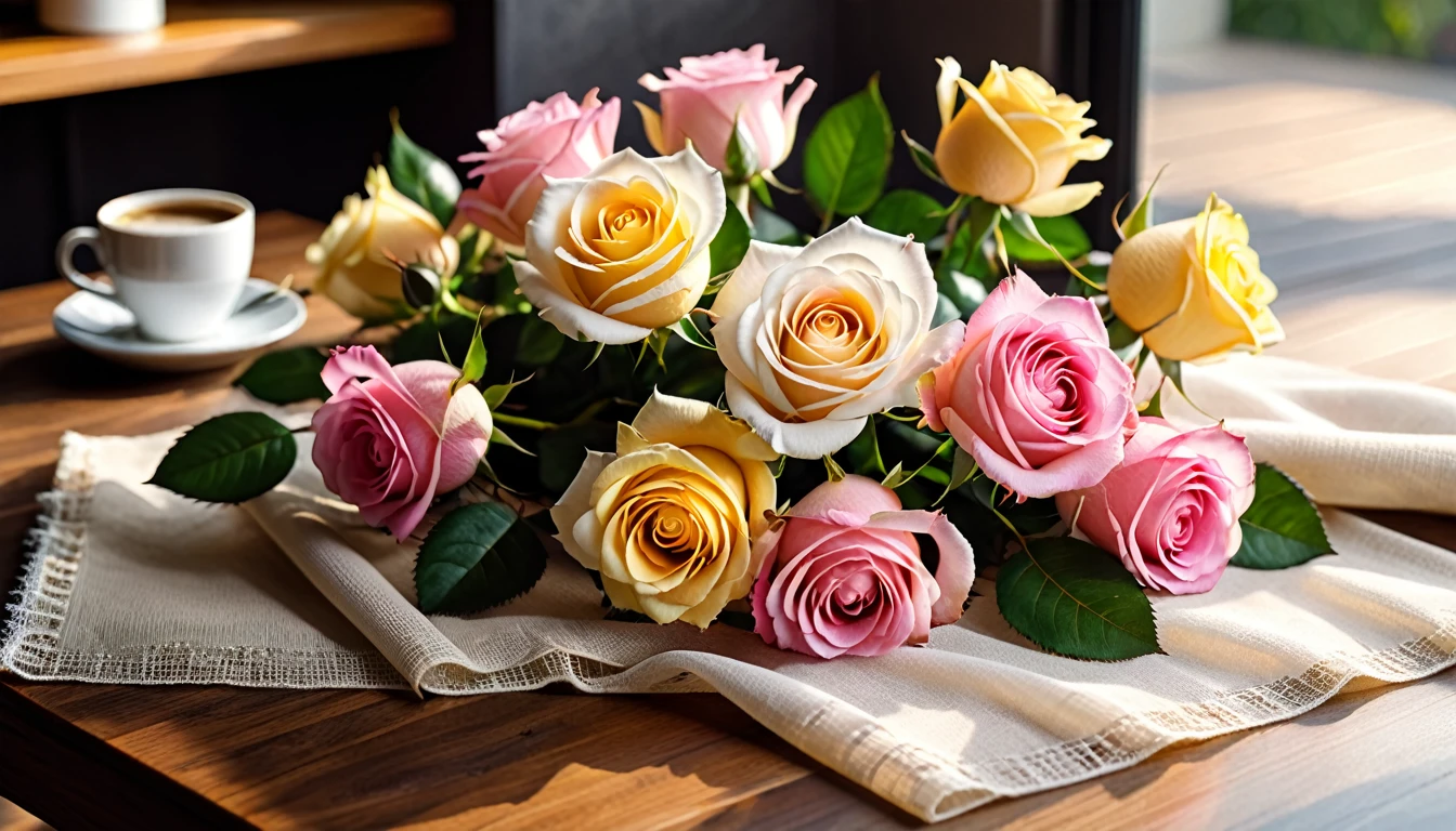 overlooking angle.Best still life composition(best quality,4K,8K,High resolution,masterpiece:1.2),Super detailed,A bouquet of bright pastel pink, yellow and white roses laid flat from above(lying flat on dark wood grain table.From top to left.Make space on your desk)..(Practical,photoPractical,photo-Practical:1.7),latté.Artist coffee impression.Next to it is a transparent white gauze with clear texture,Place it randomly aside...Sophisticated and elegant.Modern style cafe bokeh background.Super detailed.(Super quality,Super detailed,Ultra-complex,Extremely complex)Soft and natural light and shadow.Reverse fragrance.no humans.Ultra wide angle, (Detailed texture),Background covered with film grain, natural soft light,(Morning Scene.warm sunshine in the morning)Ray tracing, Vignette, Wide-angle lens, Ultra wide angle, best qualitycinematic lighting, Depth of Field, outer boundary, Negative space, Letterbox header image
