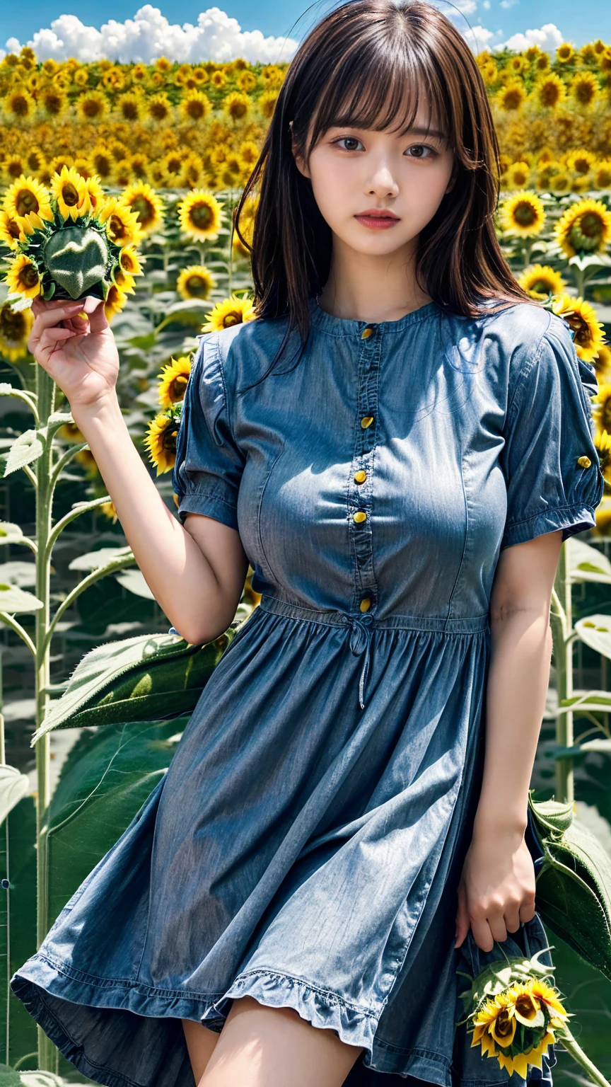 (8K, RAW Photos, Highest quality, masterpiece:1.2), (professional photography, full colors, studio-caliber color grading), (Gravure quality for high-end fashion magazines), close up, BREAK,18 year old girl, (straight hair:1.1), crying a little, Harajuku style, Big Natural Color Lip, (Plumpy body (smooth skin.1 (huge breasts BREAK (((casual dress.3)), BREAK (Sunflower field background)、