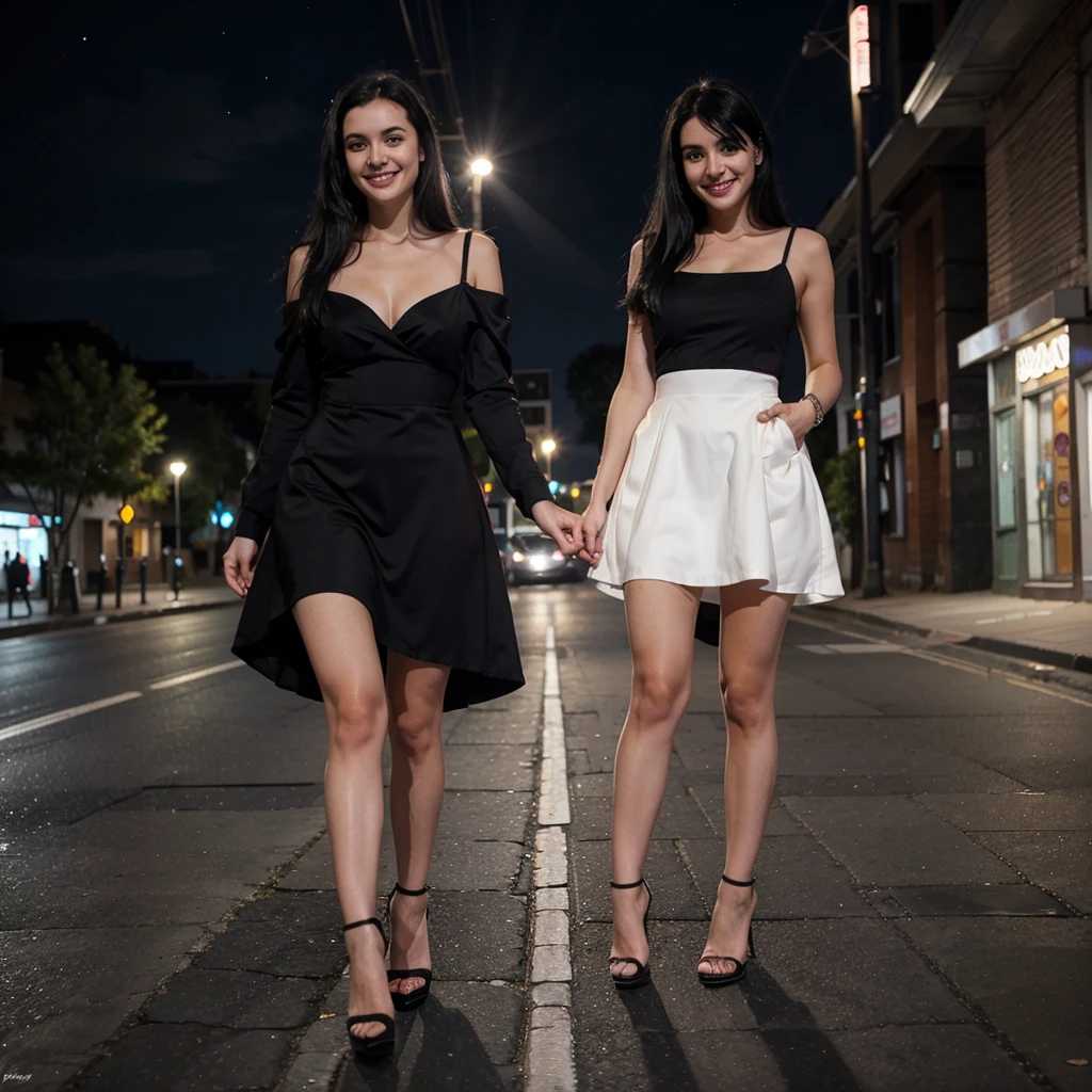 white girl, alone, black hair, in the street, smiling, full body lenght, at night, sexy dress, high heels
