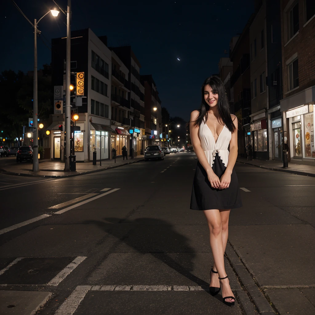 white girl, alone, black hair, in the street, smiling, full body lenght, at night, sexy dress, high heels
