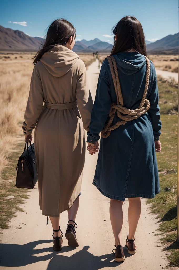 Two adult women, one walking behind the other, Their hands are linked by a rustic rope, symbolizing the emotional dependence between them.