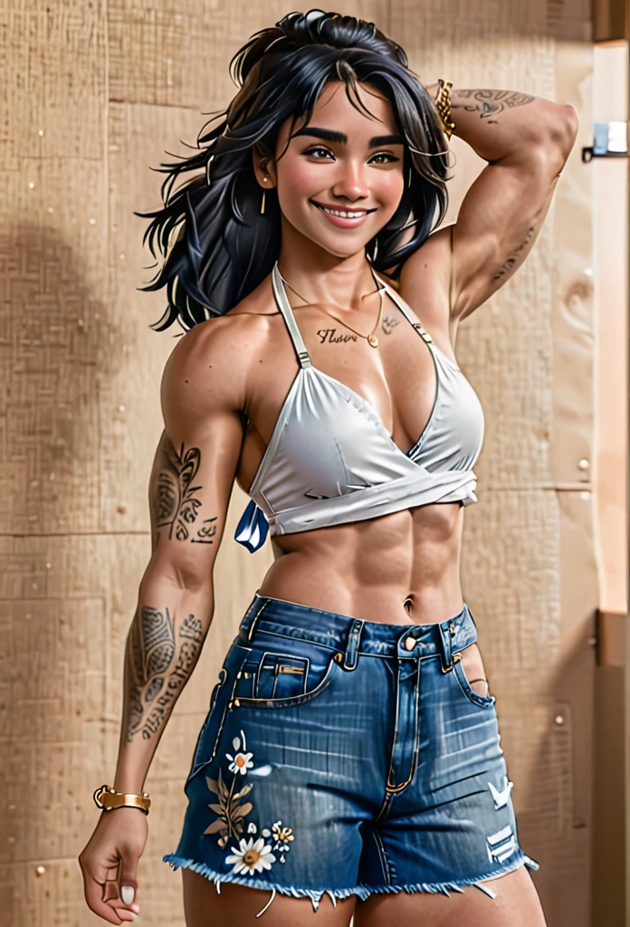 Create a detailed sketch of a woman standing in a casual pose. Her body is oriented slightly to the left, with her left arm hanging down and her right arm partially visible. She has long, straight black hair that flows down past her shoulders and dark, well-defined eyebrows. The woman is smiling softly, giving her a friendly and approachable expression.
She is wearing a white halter top that crosses at the chest, revealing her midriff. The top is fitted and wraps around her neck, leaving her shoulders exposed. She is also wearing high-waisted blue denim shorts with frayed edges, which add a casual and trendy touch to her outfit.
Pay special attention to her tattoos:
1. On her left shoulder, there is a tattoo that reads "Família" in elegant script, accompanied by a small heart symbol.
2. On her right upper arm, she has a prominent tribal design tattoo.
3. Her left forearm features a detailed floral tattoo.
She is accessorized with a gold wristwatch on her left wrist. The overall color scheme for the sketch should include natural skin tones, white for the top, blue for the shorts, and black for the hair. Highlight the details in her tattoos and the texture of her clothing for added realism.