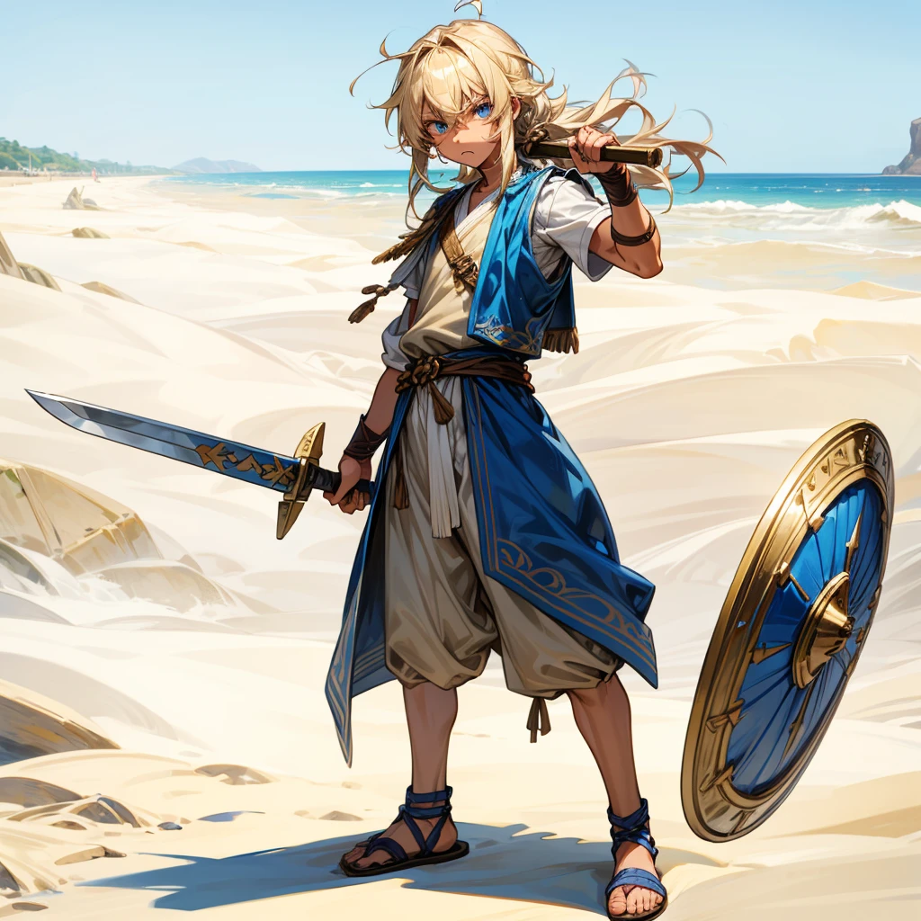 1boys, Full body version, 1character, blue eyes, Tan skin, long Shaggy hairstyle, blonde colour hair, angry expression, ancient Greek clothing, blue colour clothing, ancient Greek sandals, wood sword in hand, small shield wood in hand, wood armor vest, Grassroots background in beach
