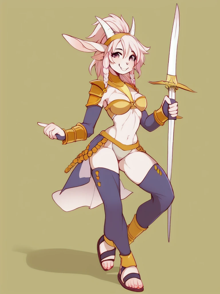 1girl, furry, furry_female, goat_ears, goat_girl, smile, solo, wearing armor, gladiator flat sandals, gladiator skirt, humanoid feet, holding sword, nose ring, septum piercing ring