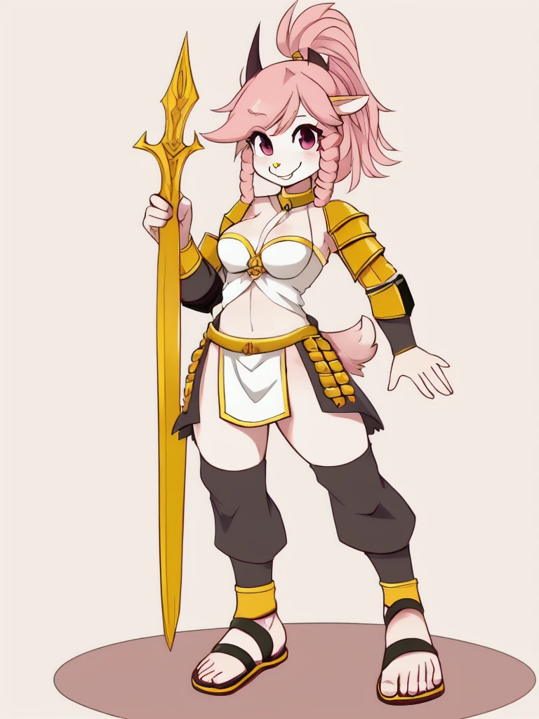 1girl, furry, furry_female, goat_ears, goat_girl, smile, solo, wearing armor, gladiator flat sandals, gladiator skirt, humanoid feet, holding sword, nose ring, septum piercing ring