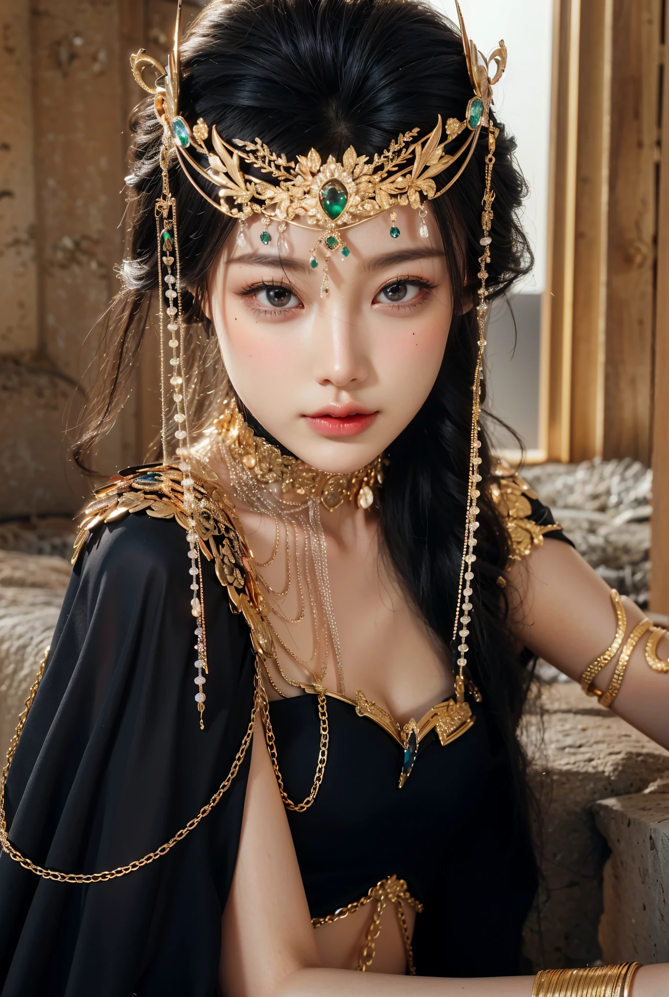 Game Art，CG Animation，Best image quality，Maximum resolution，8K picture quality，(A bust photo)，(portrait)，(Head close-up)，(Rule of Thirds)，Unreal Engine 5 rendering works，20 year old girl，((Queen))，The eyes are very detailed，(Large Breasts)，Elegance and nobility，Ray Tracing，Game CG，((3D Unreal Engine))，OC rendering reflection mode，4K，Ultra-clear，Translucent lace，Fair and plump figure，Pretty Face，Glossy Gel Coat，身着华贵礼服的Queen，Gorgeous clothing，Luxurious and exquisite jewelry，Colorful makeup，Full figure，Dark red lipstick，精致Gorgeous clothing，Supermodel，There are tattoos on the arms，Gold Jewelry