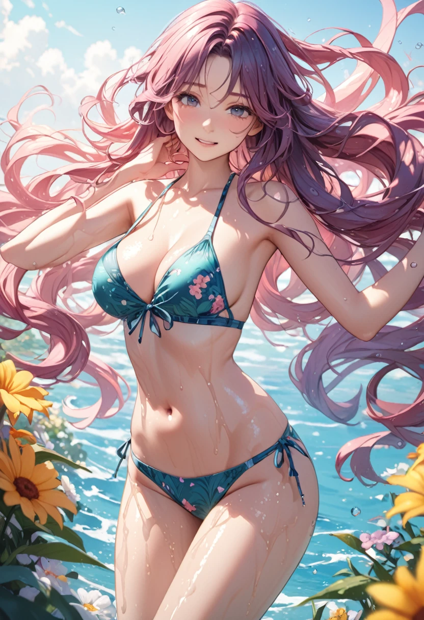 NSFW , ultra detailed, hyper detailed, best quality, highres, 4K, field of flowers, , looking at viewer, puzzled, happy,   , shy, very long hair, wave hair, gradient hair, tall, slender, beautiful breasts, swimwear,wet,  dappled sunlight, 