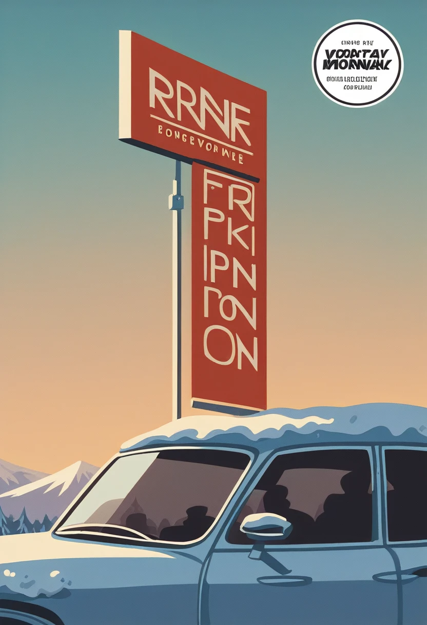 car poster, Procreate, green, ROVER Mini Cooper Sportspack - 1997, vector art, minimalist, high resulotion, snowy mountain background