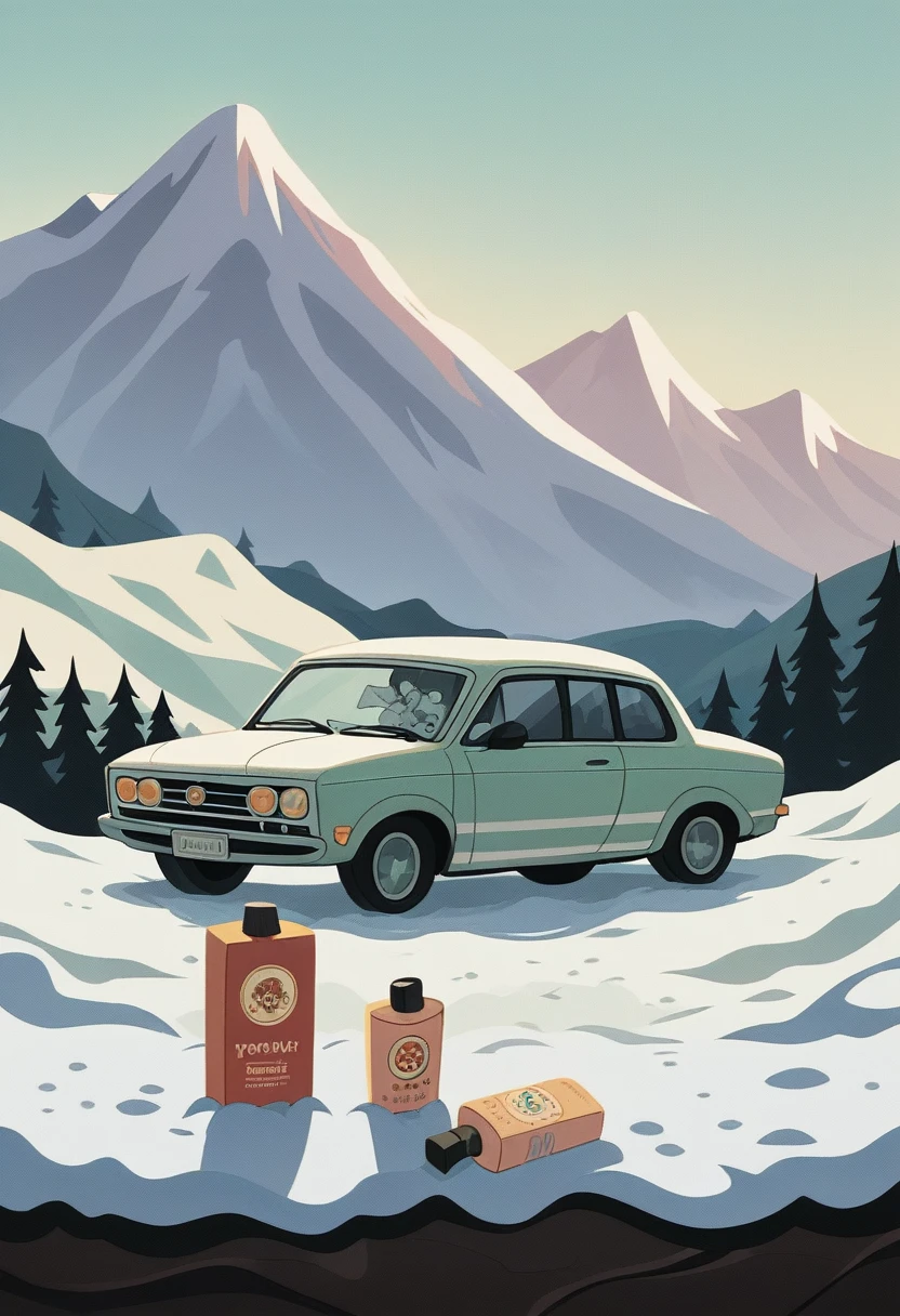 car poster, Procreate, green, ROVER Mini Cooper Sportspack - 1997, vector art, minimalist, high resulotion, snowy mountain background