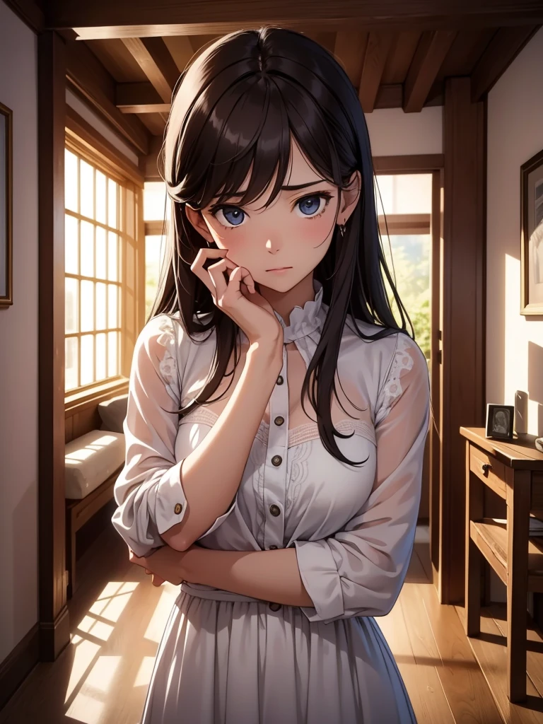 (​masterpiece、top-quality、hight resolution), A same-age woman listening to a confession from the protagonist. She has just heard that the protagonist is troubled by being a virgin. Her expression is a mix of surprise, empathy, and contemplation, as she processes the unexpected revelation. The setting is a private, cozy room with a warm and intimate atmosphere, highlighting the personal and delicate nature of the conversation. 