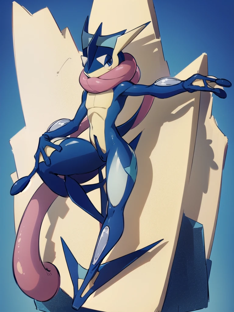 (masterpiece, best quality:1.2),solo,greninja \(pokemon\),pokemon \(creature\),full body,no humans,outstretched arms, long tongue, blue skin,looking at viewer,blue sky