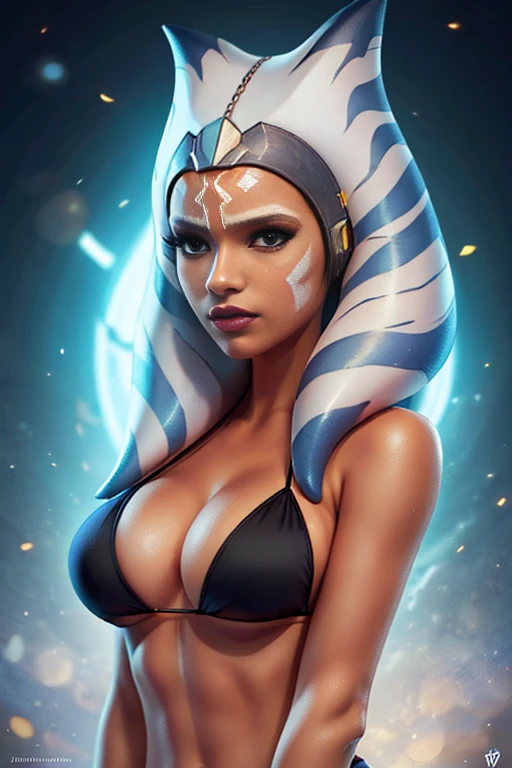 Ahsoka Tano in a black bikini with big breasts, cutesexybutts, Symmetra from Overwatch, Samira from League of Legends, extremely detailed art germ, Сенна из League of Legends, inspired by rossdrives, Vlop and Rossdro, In the style of Artgerm, as can be seen on artgerme, headlight from overwatch