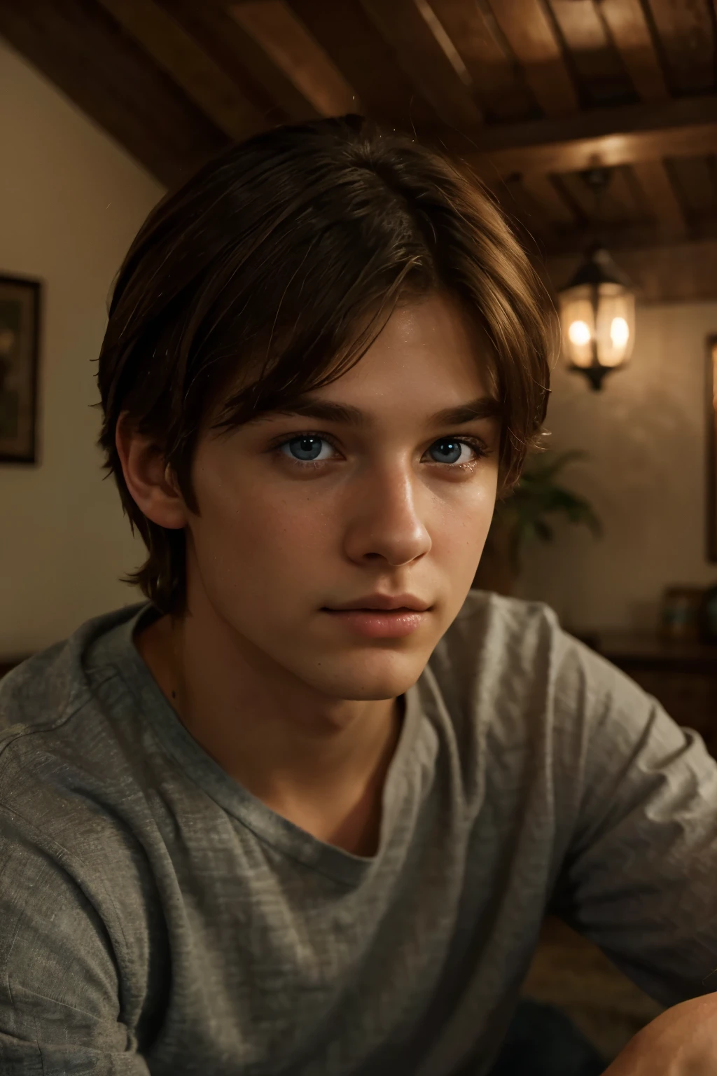 (Best Quality, Realistic), 12 Years 1Boy, Detailed Eyes, Detailed Lips, Brown Hair, Blue Eyes, Watching, Room, Cozy Ambience, Soft Lighting, Tranquil Ambience, Male