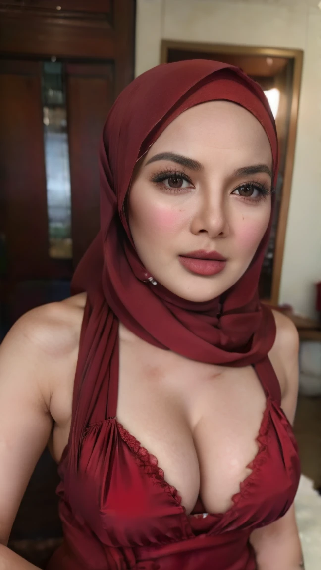 A woman with red hijab, Realistic, Photorealistic, 8K, Masterpiece, Best Quality, High Definition, Live Action, RAW Photo, Single Woman, Beautiful Body,Cleavage, Sexy, red Competitive Swimsuit, 