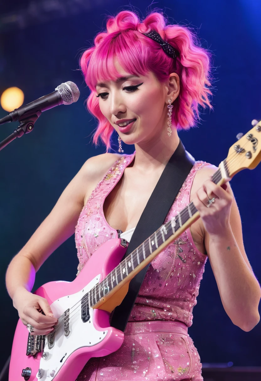 Araffe with pink hair playing a pink guitar on stage