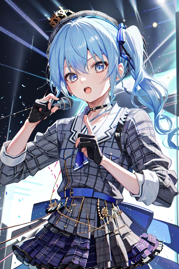 1girl, hoshimachi suisei, blue eyes, gloves, microphone, blue hair, plaid, hat, choker, open mouth, plaid headwear, side ponytail, beret, crown, skirt, black gloves, holding microphone, partially fingerless gloves, plaid skirt, shirt, hair between eyes, belt, ribbon,