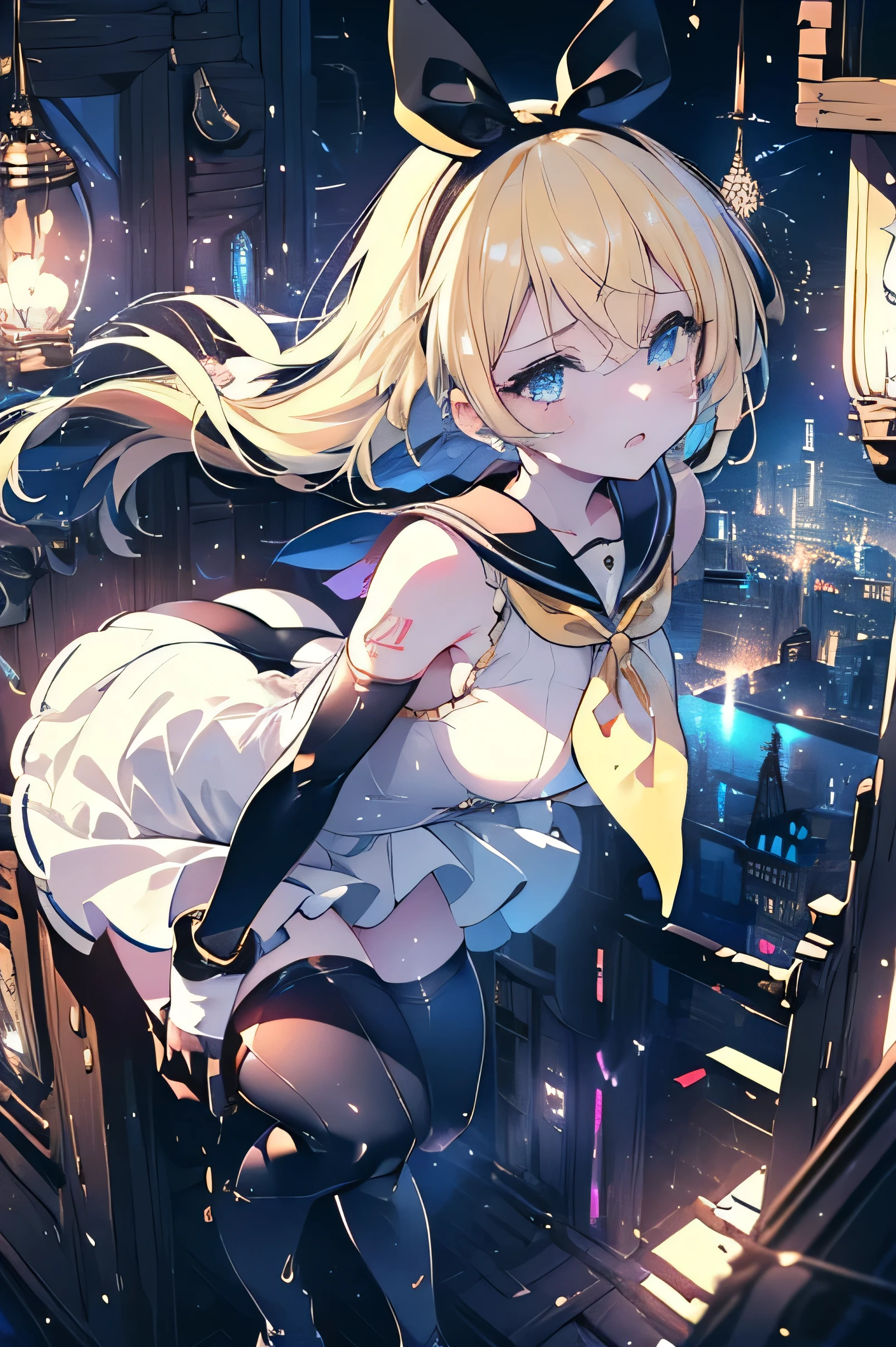 absurdres, uhd, (((best Quality))), ((ultra detailed)), ((illustration)), full resolution, hdr, 5k, ((full body)), (Masterpiece, Best quality:1.4), (Beautiful, Aesthetic, Perfect, Delicate, Intricate:1.2), (ultra resolution:1.2), (ultra detailed), 1girl, 1 human woman, ((blue eyes, blonde hair)), ((Kagamine Rin, number tattoo)), white head bow, (sailor collar), medium hair, small breasts, ((21 years old)), a thin adult woman, wide hips, ((chubby thighs)), side glance, ((black and white mini dress with sailor collar)), (yellow neckerchief), (((two-tone dress))), (black arm length gloves), shiny, reflective, twisting hips, knees together, ((thigh gap)), ((zettai ryouiki)), (black thigh high boots), (in despair), crying, screaming, Additional lighting, ((city)), buildings, (dynamic), (ready to fight), (tough), falling,  ((from above)), majestic view