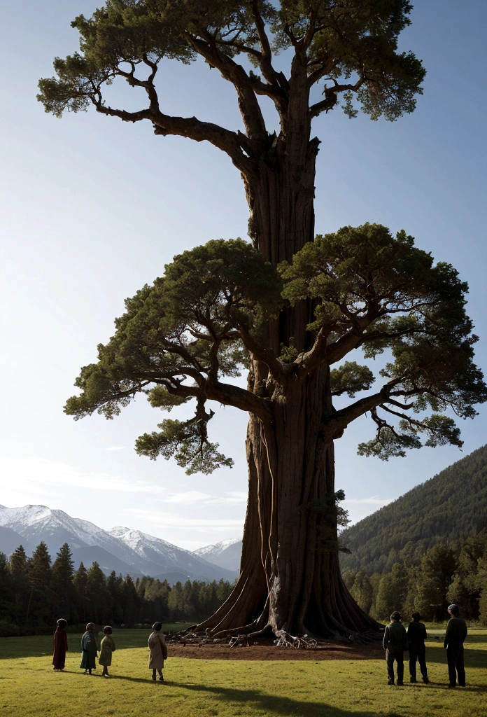 In a vast, lush green valley, surrounded by high snow-capped mountains in the background, a majestic tree stands out in the center of the scene. This tree is an ancient redwood, imposing and robust, its roots deeply intertwined with the fertile earth. Around your roots, Various wild animals are present: deer, bunnies, foxyms, and birds, all sheltering under its shadow, in perfect harmony.
A cena, However, has a deep emotional contrast. The tree is embraced by a human figure, a child, who wraps her with his small arms in a gesture of farewell and protection. The child&#39;s tears are visible, reflecting the pain and sadness of impending loss. over the horizon, a row of deforestation machines slowly approaches, symbolizing the imminent threat of destruction. Behind the , other human beings of different ages and ethnicities approach, forming a circle around the tree, holding hands, in an act of unity and peaceful resistance.