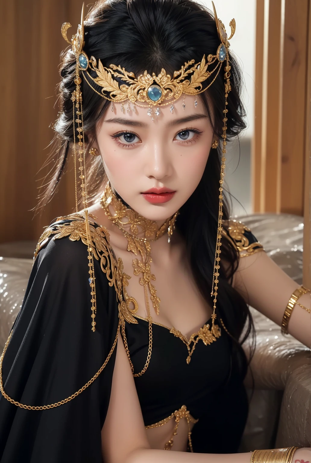 Realistic style,8K picture quality,Very detailed, Delicate face, Realistic style的照片, Stock Photography , rich and colorful, Surreal, Realistic textures, Dramatic Lighting, Distiller 800 (8K, original photo, Better quality, masterpiece: 1.2), Very detailed, (Extremely delicate skin: 1.2), 8K Ultra HD, SLR camera, Soft Light, high quality, 冰冻Queen, Queen, snow castle,Blue pupils,Apply red lipstick,Very delicate tattoo design,Gold Jewelry,There are tattoos on the arms