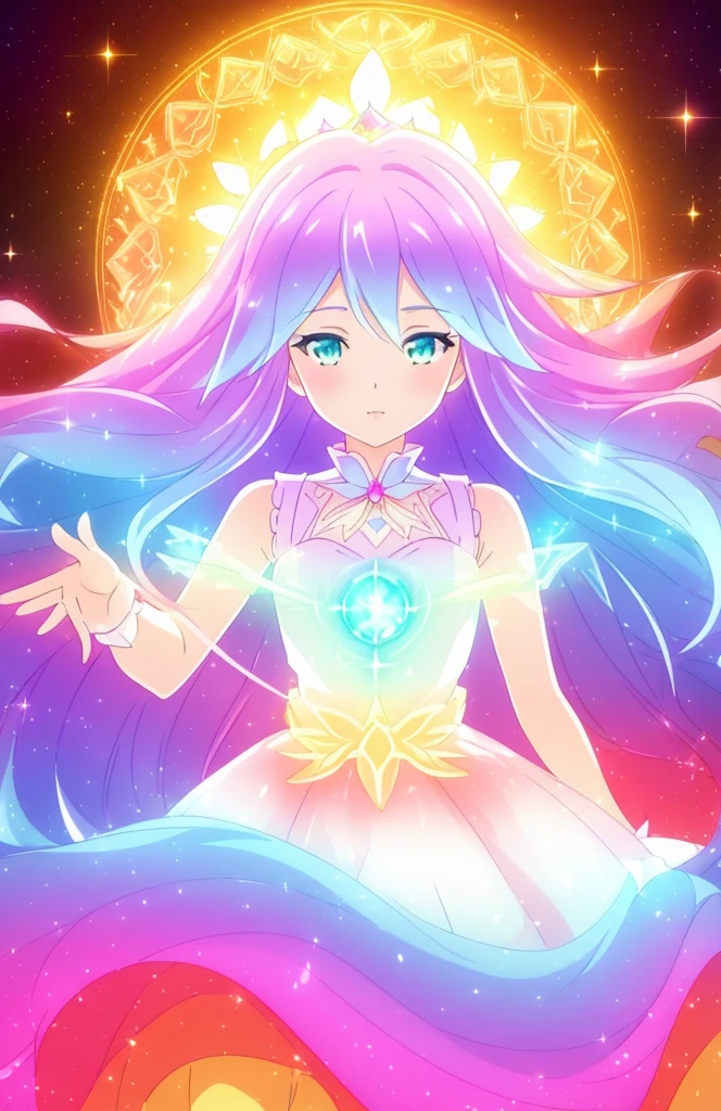 beautiful girl, puffy tiered ballgown, vibrant pastel colors, (colorful), glowing golden long hair, magical lights, sparkling magical liquid, inspired by Glen Keane, inspired by Lois van Baarle, disney art style, by Lois van Baarle, glowing aura around her, by Glen Keane, jen bartel, glowing lights! digital painting, flowing glowing hair, glowing flowing hair, beautiful digital illustration, fantasia background, whimsical, magical, fantasy, ((beautiful face)), ((masterpiece, best quality)), intricate details, highly detailed, sharp focus, 8k resolution, sparkling detailed eyes, liquid watercolor