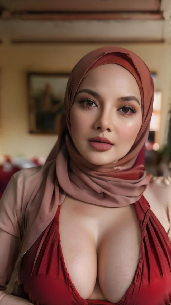 A woman with red hijab, naked nude body, huge medium big breast, Realistic, Photorealistic, 8K, Masterpiece, Best Quality, High Definition, Live Action, RAW Photo, Single Woman, Beautiful Body,Cleavage, Sexy, red Competitive Swimsuit, 