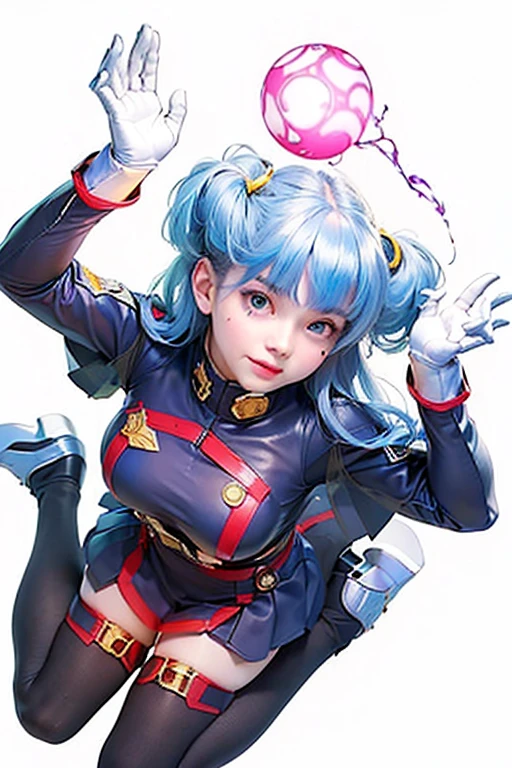 ((ultra realisitic)), ((picture-perfect)), ((face perfect)), ((ultra detaild)), ((fully body)), ((perfectbody)), a blue-haired girl in a military uniform with an energy sphere floating above her head