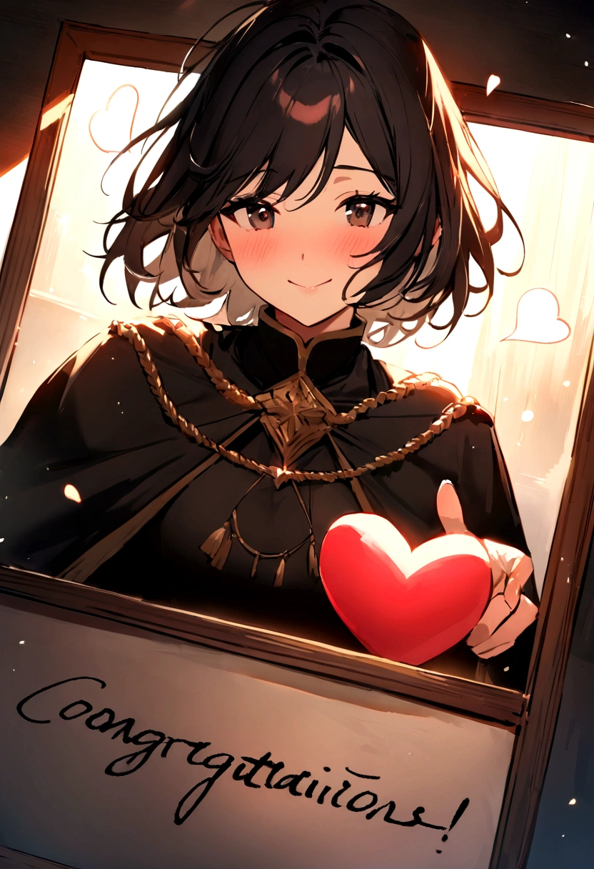 best quality, best shadows, not charming girl, short dark broune hair, dark broune eyes, on the picture write: Congratulation, Fatima!, best quality, write on the pircture: Congratulation Fatima, and a heart