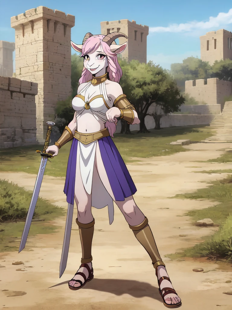 1girl, furry, furry_female, goat_ears, goat_girl, solo, wearing roman armor, gladiator flat sandals, gladiator skirt, holding sword, nose ring, septum piercing ring