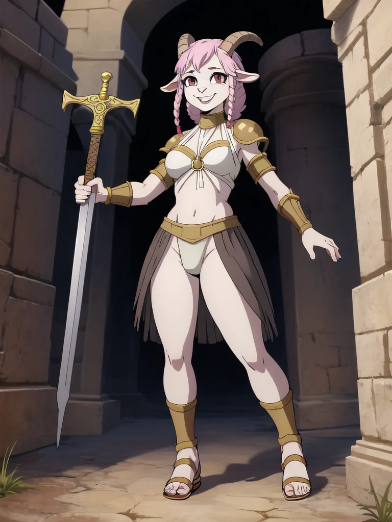 1girl, furry, furry_female, goat_ears, goat_girl, smile, solo, wearing armor, gladiator flat sandals, gladiator skirt, humanoid feet, holding sword, nose ring, septum piercing ring