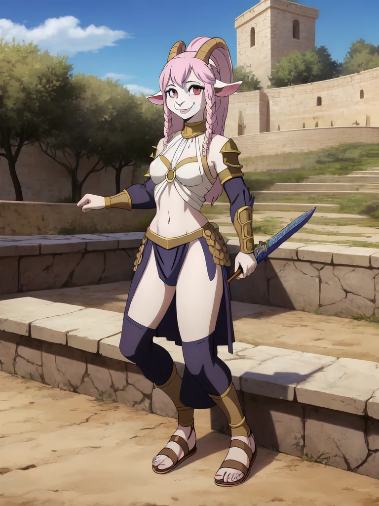 1girl, furry, furry_female, goat_ears, goat_girl, smile, solo, wearing armor, gladiator flat sandals, gladiator skirt, humanoid feet, holding sword, nose ring, septum piercing ring