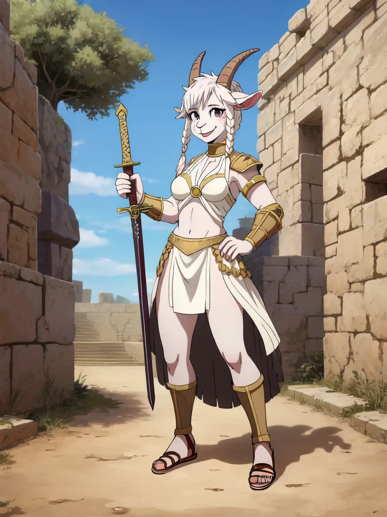 1girl, furry, furry_female, goat_ears, goat_girl, solo, wearing roman armor, gladiator flat sandals, gladiator skirt, holding sword