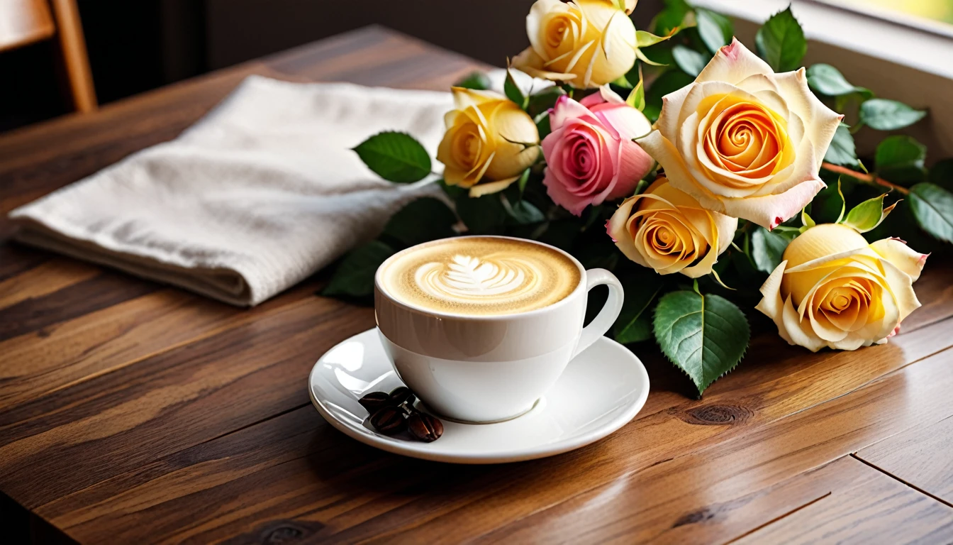 overlooking angle.Best still life composition(best quality,4K,8K,High resolution,masterpiece:1.2),Super detailed,A bouquet of bright pastel pink, yellow and white roses laid flat from above(lying flat on dark wood grain table.From top to left.Make space on your desk).latté.(Practical,photoPractical,photo-Practical:1.7),.Artist coffee impression.Next to it is a transparent white gauze with clear texture,Place it randomly aside...Sophisticated and elegant.Modern style cafe bokeh background.Super detailed.(Super quality,Super detailed,Ultra-complex,Extremely complex)Soft and natural light and shadow.Reverse fragrance.no humans.Ultra wide angle, (Detailed texture),Background covered with film grain, natural soft light,(Morning Scene.warm sunshine in the morning)Ray tracing, Vignette, Wide-angle lens, Ultra wide angle, best qualitycinematic lighting, Depth of Field, outer boundary, Negative space, Letterbox header image