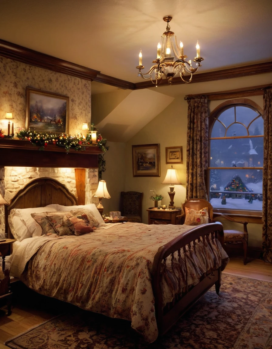 arafed bedroom with a fireplace and a bed with a blanket, thomas kinkade. cute cozy room, cozy and calm, cozy setting, very cozy, cozy wallpaper, cozy room, cozy place, cozy and peaceful atmosphere, cosy enchanted scene, cozy candlelight, cozy environment, cozy bed, soothing and cozy landscape, cozy atmosphere, cosy fireplace